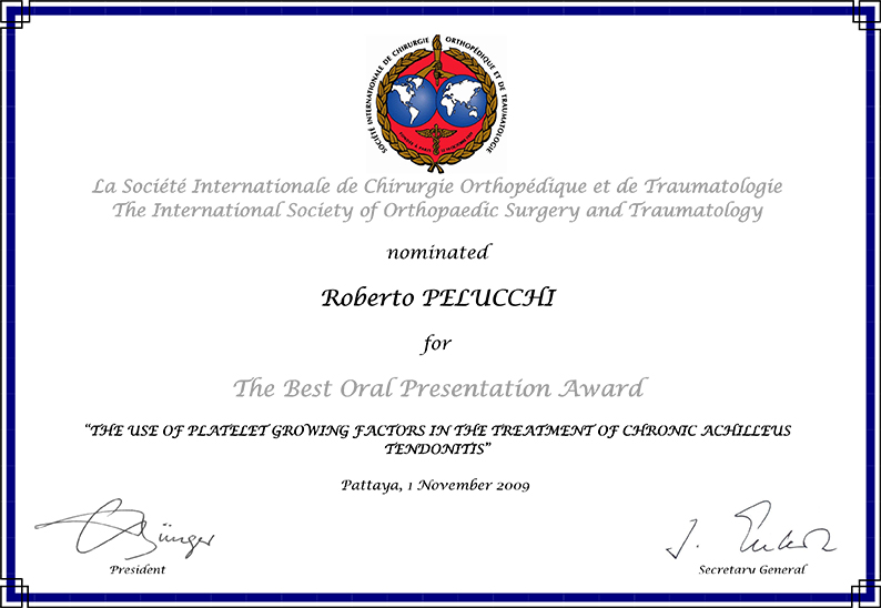 SICOT Award – Miglior presentazione orale sull’uso dei fattori di crescita nelle tendinopatie achillee
